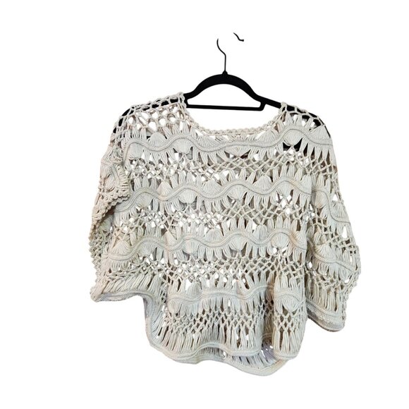 Millau Womens White Crochet Knit Top With 3/4 Sleeves Boho Style - Picture 2 of 3